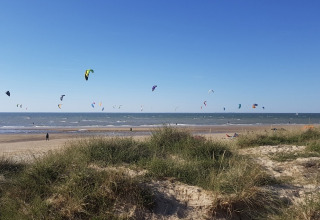 Strandansicht mit bewachsenen Dünen und vielen bunten Kites über dem Meer bei Flower Camping Le Platin.