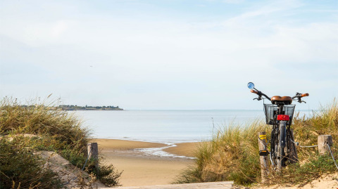 Bicycle parked on a sandy path overlooking the beach and sea near Rivedoux-Plage, Île de France, France.