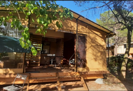 Tienda tipo safari con terraza de madera, sillas y sombrilla al aire libre en entorno boscoso soleado.