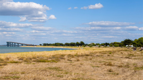 Coastal area with grassy field, sea, bridge and holiday park at Flower Camping Le Platin - La Redoute, Île de France.