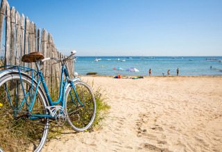 En blå cykel står op ad et træhegn på en sandstrand ved Flower Camping Le Platin - La Redoute, Île de France.