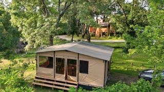 Safaritent op een houten terras tussen groene bomen, met een boomhut zichtbaar op de achtergrond.