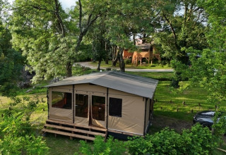 Safari-Zelt auf einer Holzplattform im Grünen, umgeben von Bäumen, mit Baumhaus im Hintergrund.