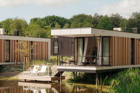 Cabane de glamping moderne avec terrasse sur l'eau, entourée de verdure et transats confortables dehors.