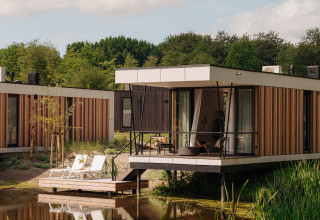 Cabane de glamping moderne avec terrasse sur l'eau, entourée de verdure et transats confortables dehors.