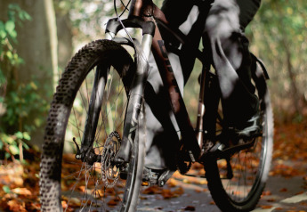 Personne à vélo sur un chemin couvert de feuilles à Wikkelhouse, Resort de Parel, aux Pays-Bas.