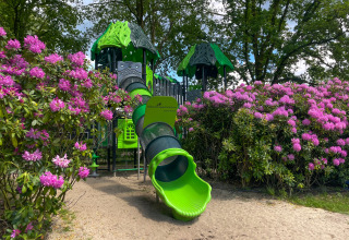 Parque infantil con tobogán verde entre flores rosadas en el Holiday park Latour, Brabante Septentrional, Países Bajos.
