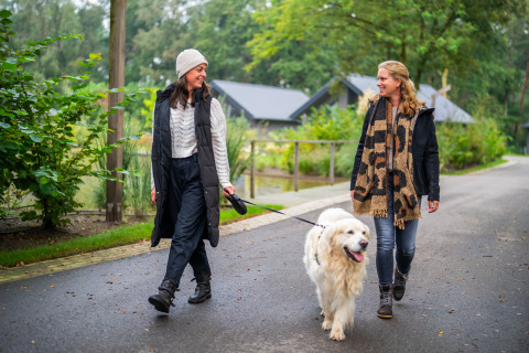 Dos mujeres pasean con un gran perro blanco en un parque de vacaciones en Brabante Septentrional, Países Bajos.