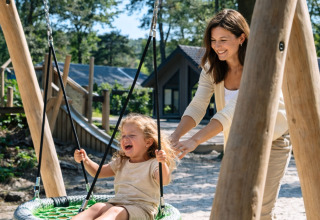A woman pushes a joyful child on a swing at a playground in Holiday park Latour, North-Brabant, Netherlands.