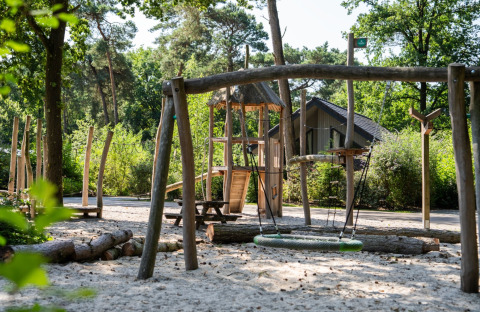 Udendørs legeplads med trægynger og rutsjebane ved ferieparken Latour i Noord-Brabant, Holland.