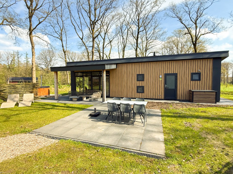 Chalet en bois moderne avec terrasse extérieure, table à manger, chaises et arbres par une journée ensoleillée.