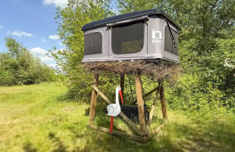 Hébergement glamping à Dachzelt Dorf Sandstedt, tente surélevée sur pilotis avec un faux nid de cigogne.