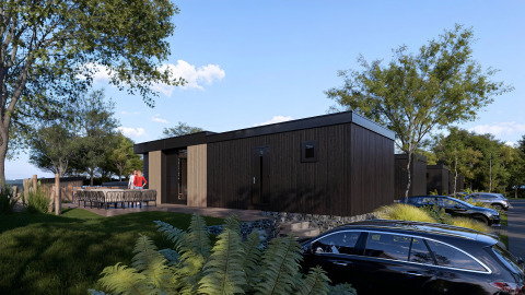 Moderno lodge Valkhof met Hottub presso Veluwe park de Bosgraaf, Paesi Bassi, tra alberi e auto.