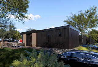 Moderno lodge Valkhof met Hottub presso Veluwe park de Bosgraaf, Paesi Bassi, tra alberi e auto.