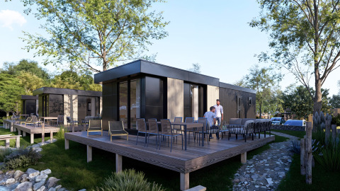 Terrasse extérieure avec visiteurs au lodge moderne Valkhof met Hottub, parc Veluwe de Bosgraaf, aux Pays-Bas.