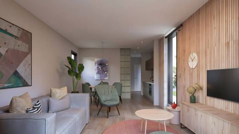 Modern living room at Valkhof met Hottub, Veluwe park de Bosgraaf, Netherlands, featuring wood finishes.