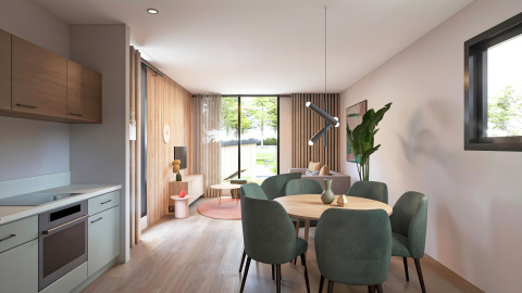 Sala y comedor modernos en la cabaña Valkhof met Hottub del parque Veluwe de Bosgraaf, Países Bajos, con elegante decoración.