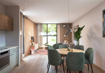 Moderne stue og køkken i Valkhof met Hottub lodge, Veluwe park de Bosgraaf, Nederlandene, med stilfuldt interiør.