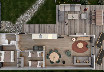 Top-down floor plan of Valkhof met Hottub lodge at Veluwe park de Bosgraaf with spacious terrace area.