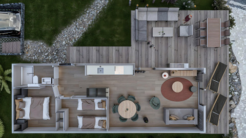 Plano superior de lodge moderno Valkhof met Hottub en Veluwe park de Bosgraaf con terraza amplia y zonas verdes.