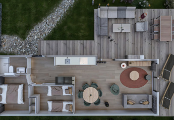 Bovenaanzicht van plattegrond lodge Valkhof met Hottub in Veluwe park de Bosgraaf met ruime terrassen.