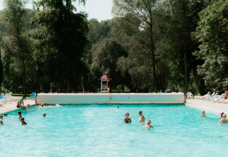 Buitenzwembad met gasten, omgeven door bomen op Eco Lodge «MOBLINA» bij Floreal La Roche-en-Ardenne, België.