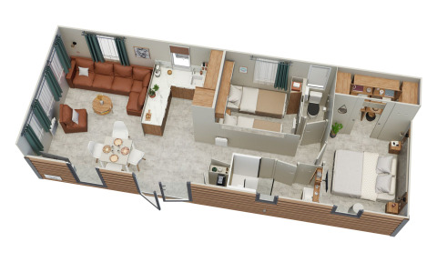 Planimetria 3D del chalet Vakantiehuis Deluxe al Camping Papillon in Belgio con soggiorno, cucina e camere.