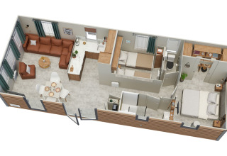 Planimetria 3D del chalet Vakantiehuis Deluxe al Camping Papillon in Belgio con soggiorno, cucina e camere.