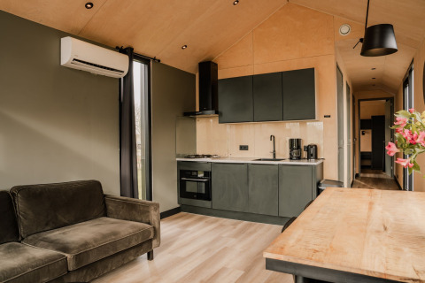 Interior moderno de una tiny house en Holiday park Eigen Wijze, Países Bajos, con cocina y salón acogedor.