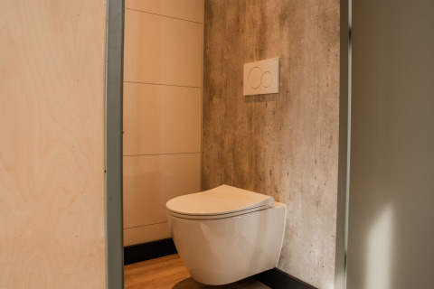 Moderne vægmonteret toilet i et lille badeværelse på Tiny house ved Holiday park Eigen Wijze, Holland.