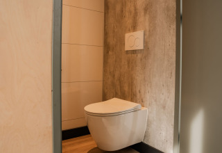 Moderno WC sospeso in un piccolo bagno del Tiny house all'Holiday park Eigen Wijze, Paesi Bassi.