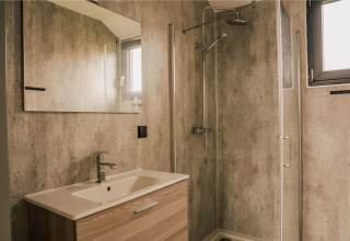 Bagno moderno con doccia e lavandino in una tiny house al Holiday park Eigen Wijze, Paesi Bassi.