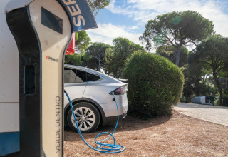 Coche eléctrico cargando en una estación rodeada de árboles en el parque vacacional Etruria, Toscana.