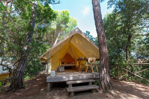 Safaritent Aventure in het bos met houten terras, stoelen, tafel en hoed, omringd door bomen.