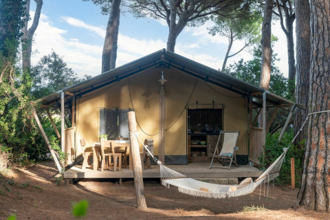 Safari telt kaldet Country Lodge, med træværk, hængekøje og terrasse midt blandt høje træer.