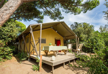 Tienda Lodge Safari con terraza, mesa y sillas, rodeada de naturaleza y árboles bajo el sol.