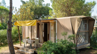 Safari-tent Kenya op een groene camping met houten terras, buitenzitje en een geel zonnescherm.