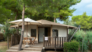 Safari-tent met houten veranda, buitentafel en parasol, omringd door groene bomen in de natuur.