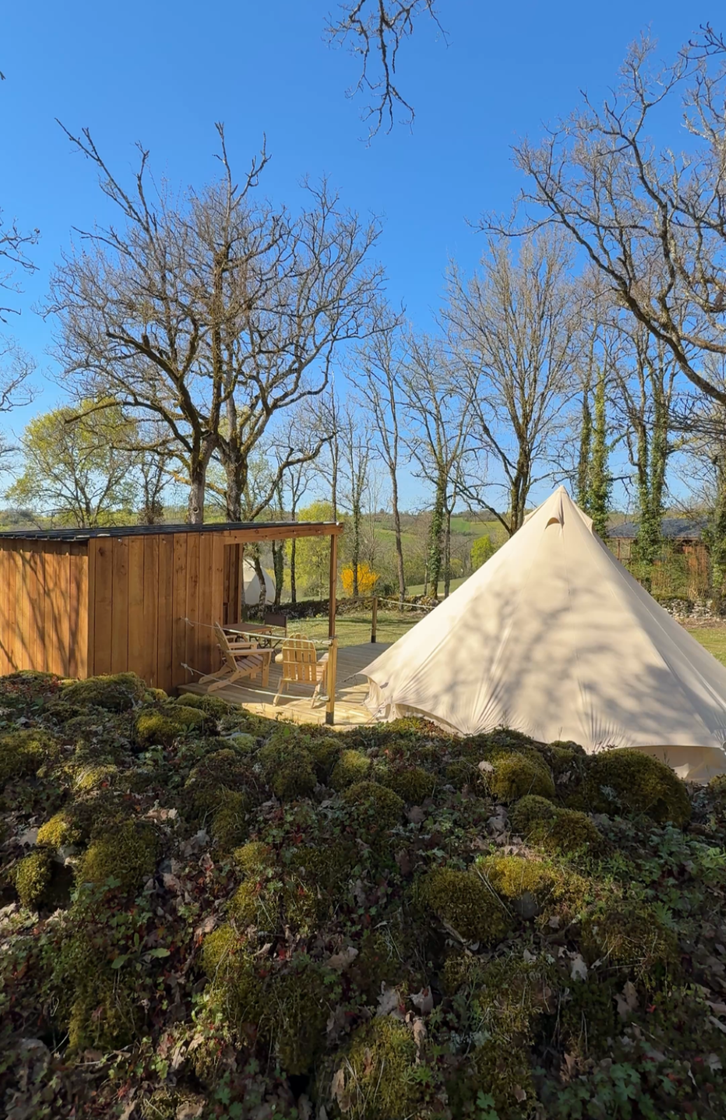 Tipi-tent Tent Nomad bij Camping Domaine de la Faurie in Frankrijk, omgeven door bomen op een zonnige dag.