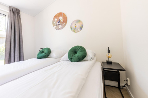 Chambre lumineuse avec deux lits simples, coussins verts et décoration murale à la Villa Waterzicht Luxe met Sauna.