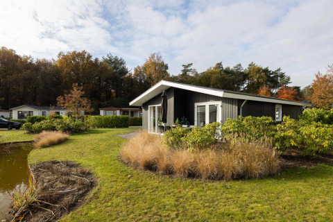Modern lodge with garden and pond view at Holiday park Molenvelden in the Netherlands, surrounded by trees.