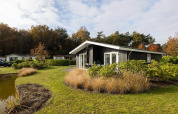Modern lodge with garden and pond view at Holiday park Molenvelden in the Netherlands, surrounded by trees.