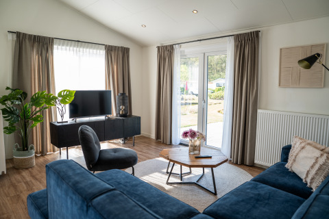 Elegante sala de estar en Villa Waterzicht Comfort en Holiday park Molenvelden, Países Bajos, con decoración moderna.