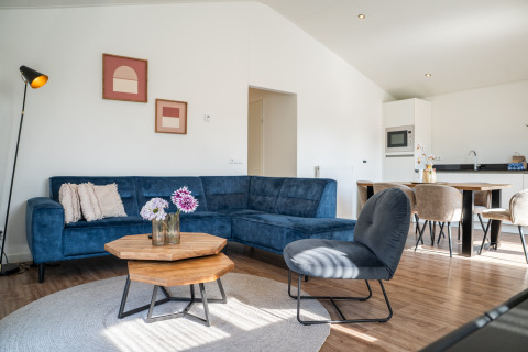 Modern living room at Villa Waterzicht Comfort, Holiday park Molenvelden, Netherlands, with stylish furnishings.