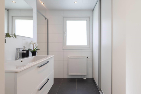 Modern bathroom with white interior, mirror, window, and plant in Villa Waterzicht Comfort, Netherlands.