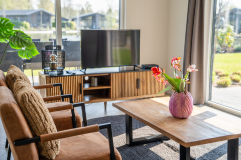 Zona giorno luminosa nella Villa Waterzicht Luxe 6 all'Holiday park Molenvelden, Paesi Bassi, con vista giardino.