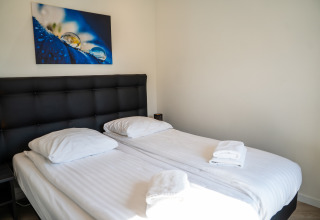 Chambre moderne avec deux lits simples, linge blanc et tableau mural à la Villa Waterzicht Luxe 6.