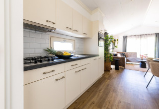 Cocina moderna y sala en White Lodge, Holiday park Molenvelden, Países Bajos, con suelo de madera clara.