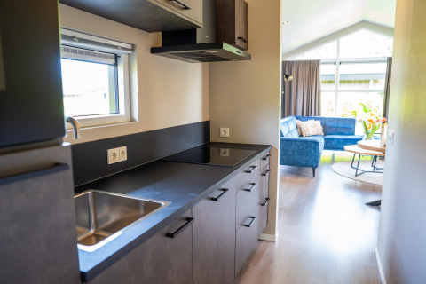 Moderne køkken og stue i en Wood Lodge Waterzicht på Holiday park Molenvelden i Holland.