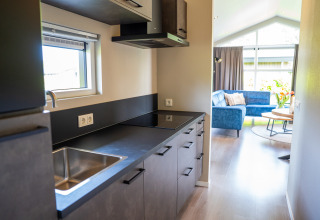 Cocina y sala modernas en una Wood Lodge Waterzicht en Holiday park Molenvelden, Países Bajos.